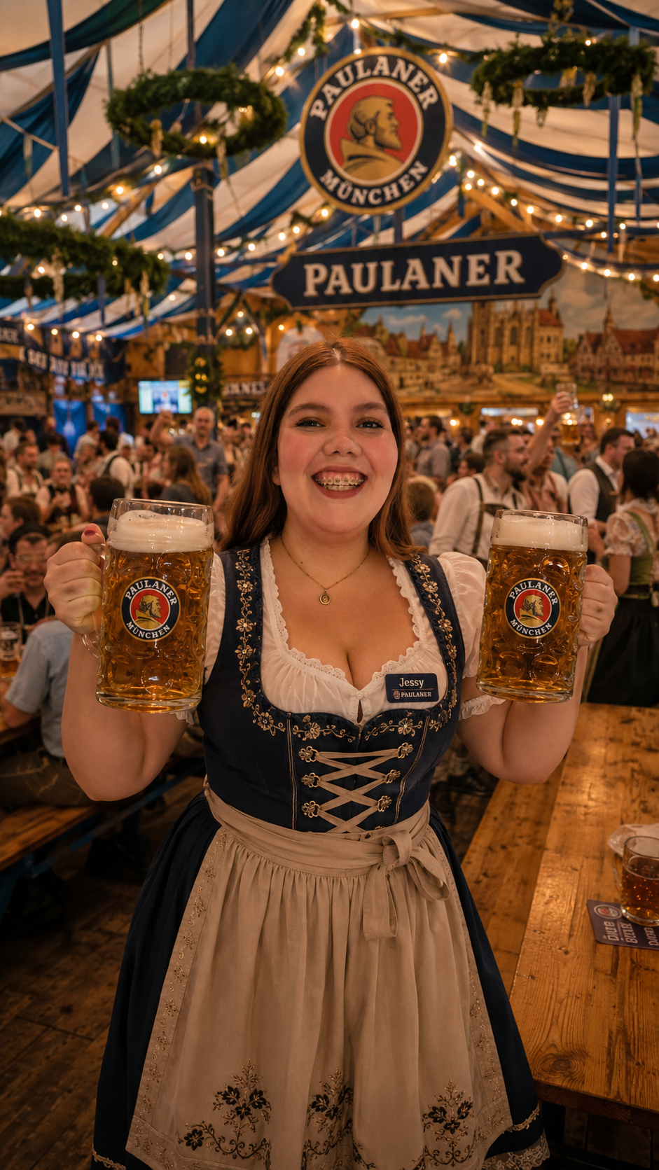 Jessy como mesera bávara en la carpa de Paulaner del Oktoberfest