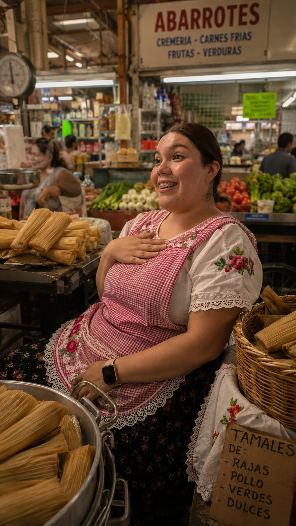 Jessy vendiendo tamales en el mercado de La Merced
